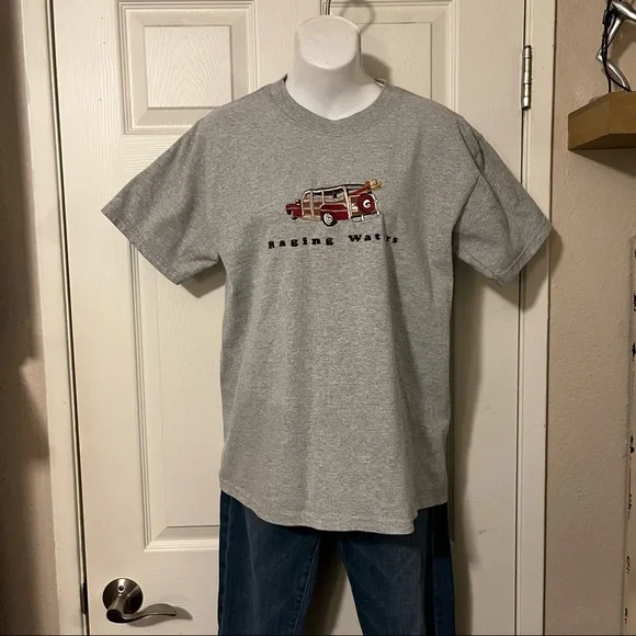 Raging Waters Embroidered Woodie Station Wagon Surfboard Gray Crewneck T Shirt